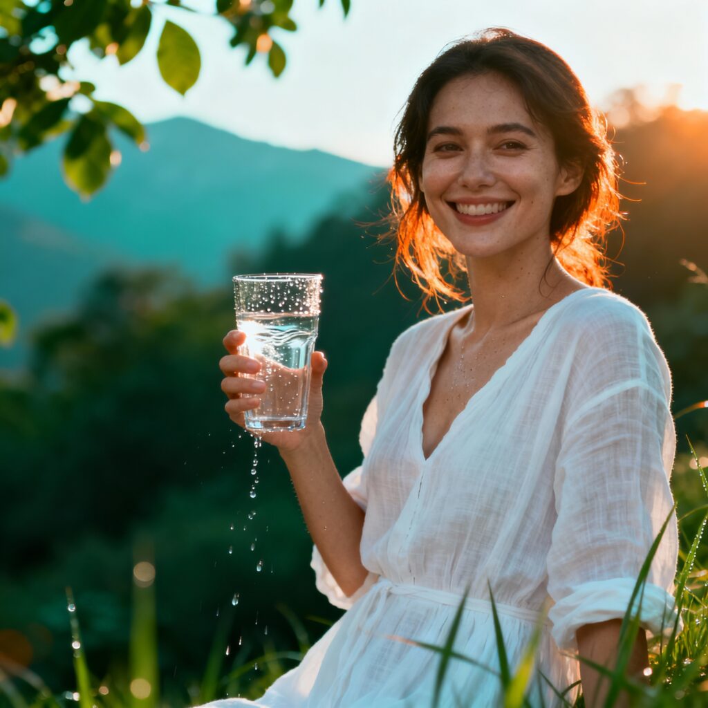 Microhábitos que Transformam a Vida: pequenas atitudes com grandes resultados Mulher bebendo água ao ar livre, representando equilíbrio e autocuidado diário.