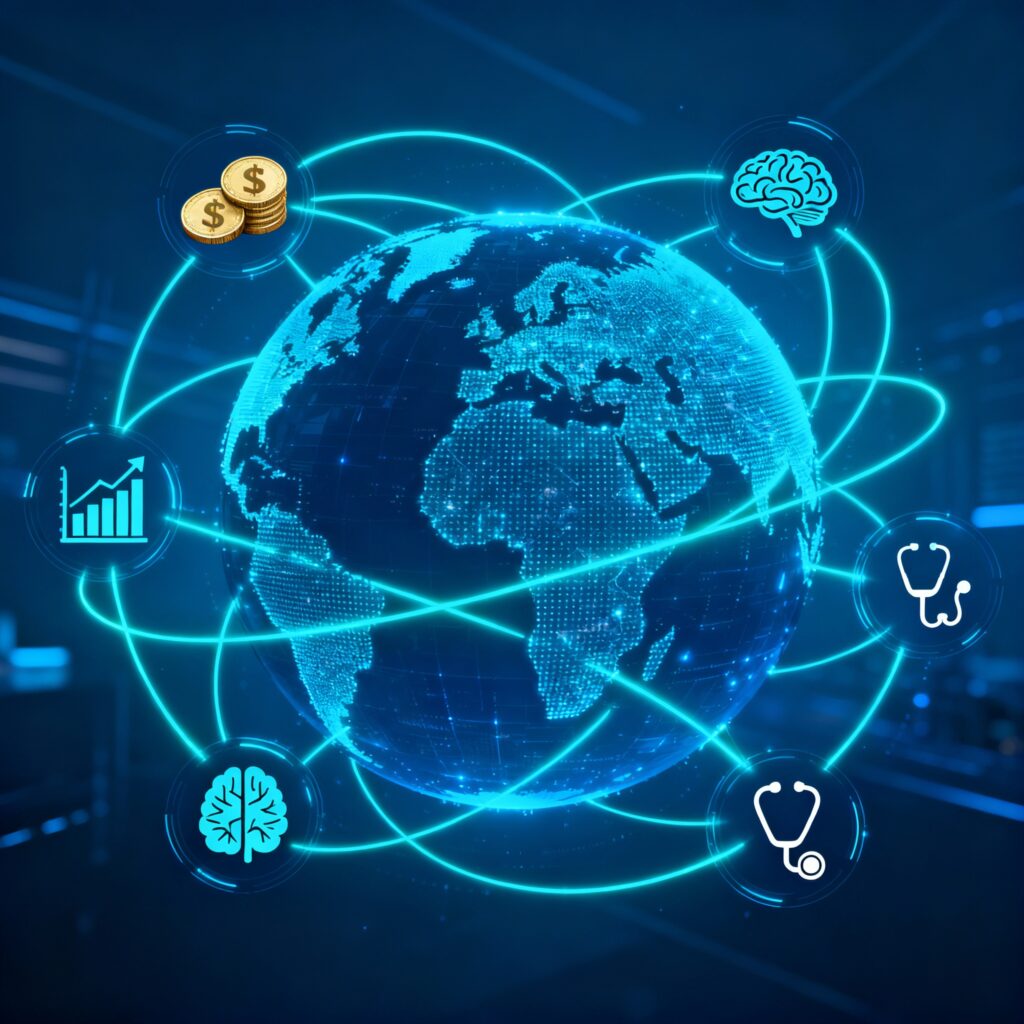 Conceito global de investimento em saúde mental e economia sustentável.