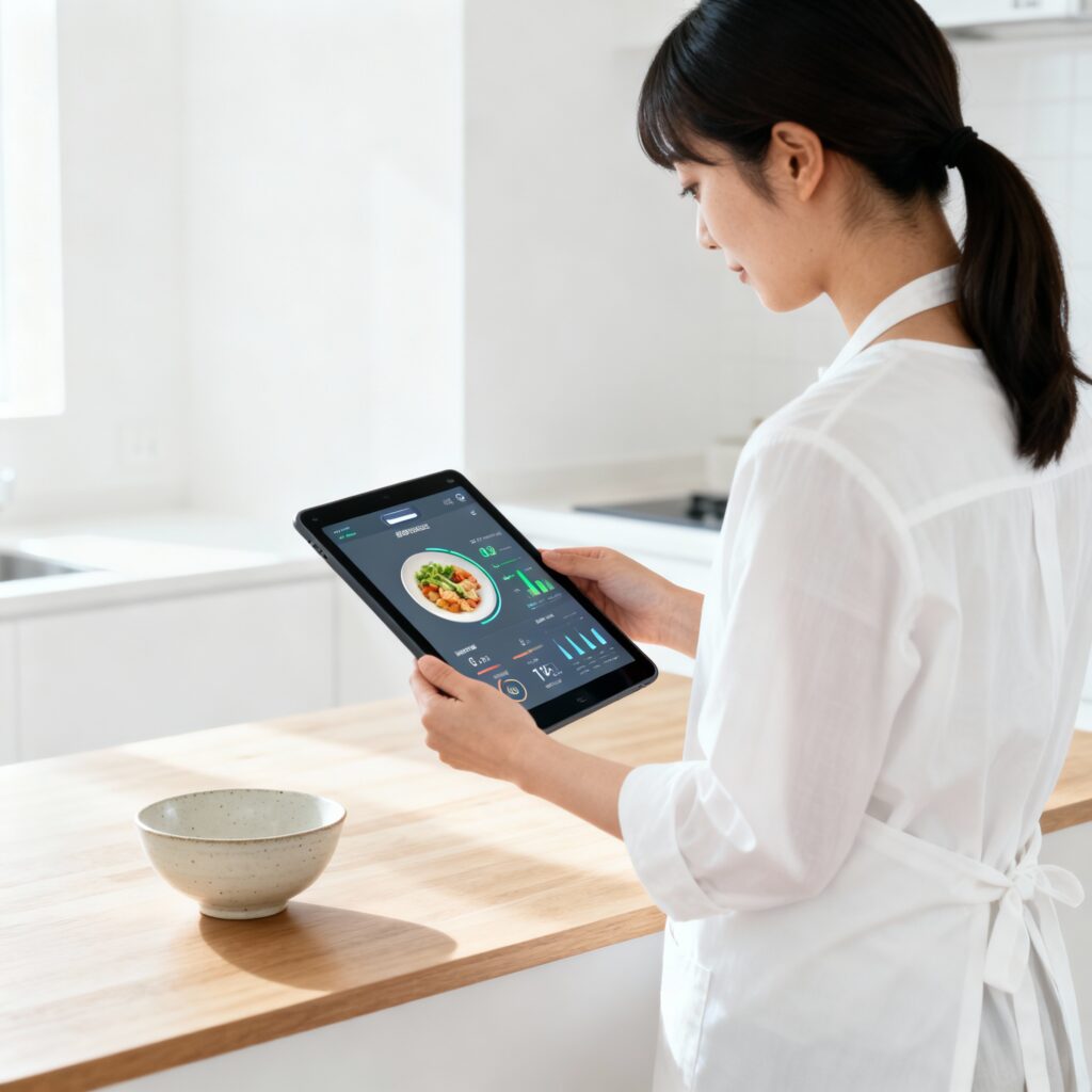 (Mostra o conceito japonês de “comida inteligente” com tecnologia integrada.)