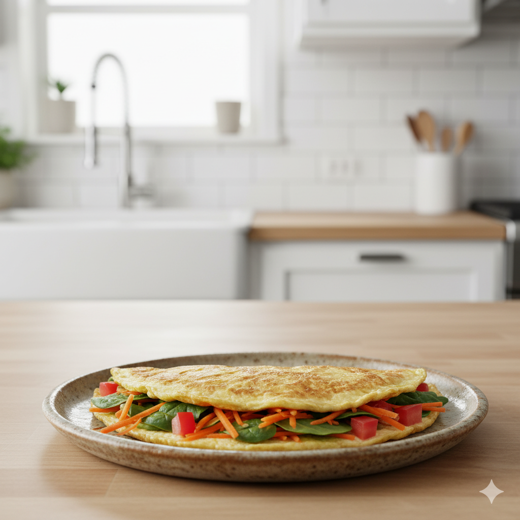 Omelete de claras com legumes coloridos e azeite de oliva.