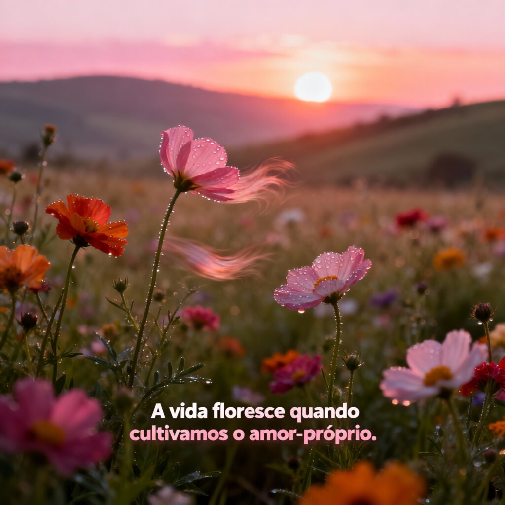 Campo florido com flores rosas ao pôr do sol, representando o florescimento da vida e o amor-próprio no Outubro Rosa.
