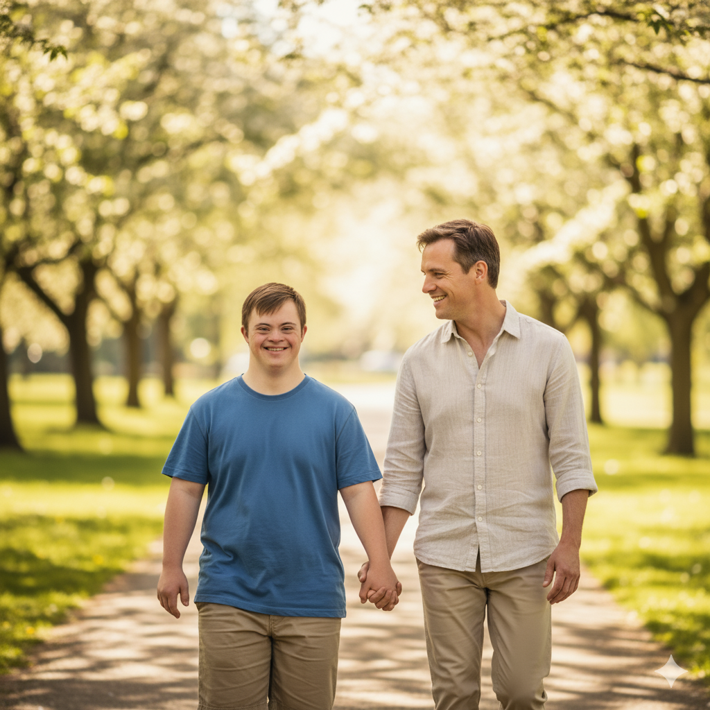 Jovem com Síndrome de Down caminhando com familiar em parque, simbolizando cuidado, inclusão e bem-estar.