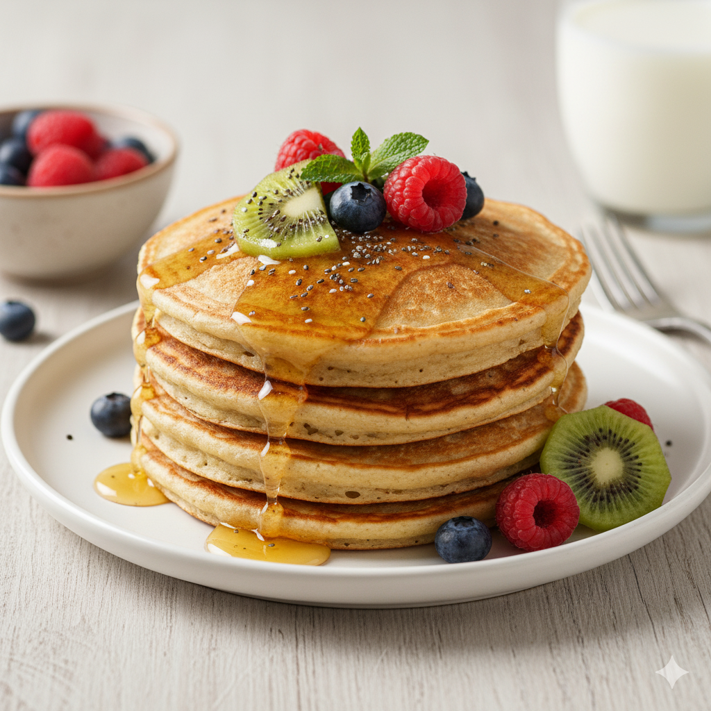 Panqueca de aveia e banana saudável com frutas frescas.