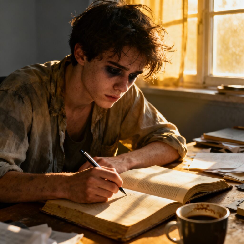 Pessoa cansada tentando se concentrar após uma noite mal dormida.
