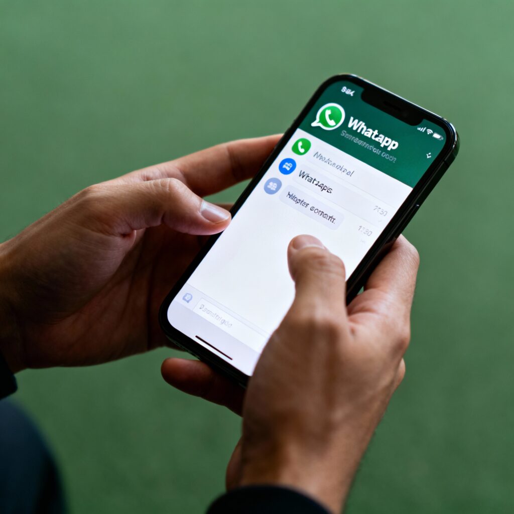 “Pessoa segurando celular com WhatsApp aberto, simbolizando contato e apoio.”