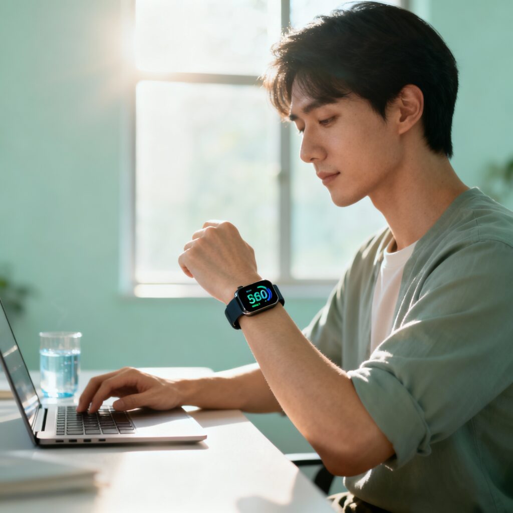 “Pessoa recebendo lembretes de respiração e hidratação por smartwatch enquanto trabalha, representando o equilíbrio entre tecnologia e autocuidado.”