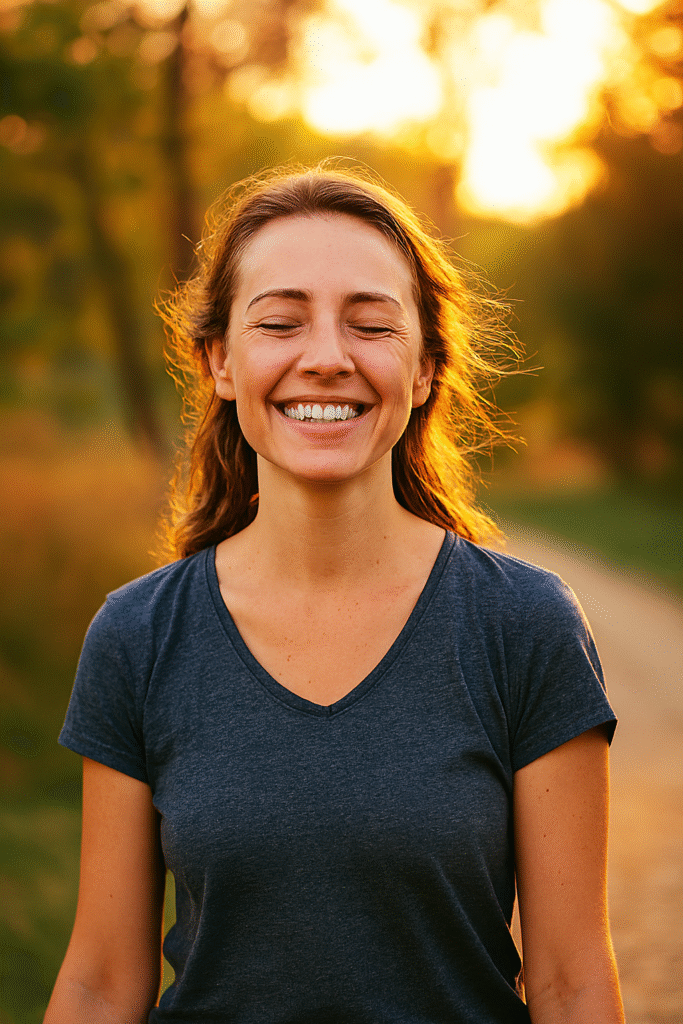 "Bem-estar Integral em 2025: Como Equilibrar Saúde Física e Mental para uma Vida Plena" "Pessoa sorridente em meio à natureza com luz suave, simbolizando calma, superação, resiliência e saúde mental positiva."