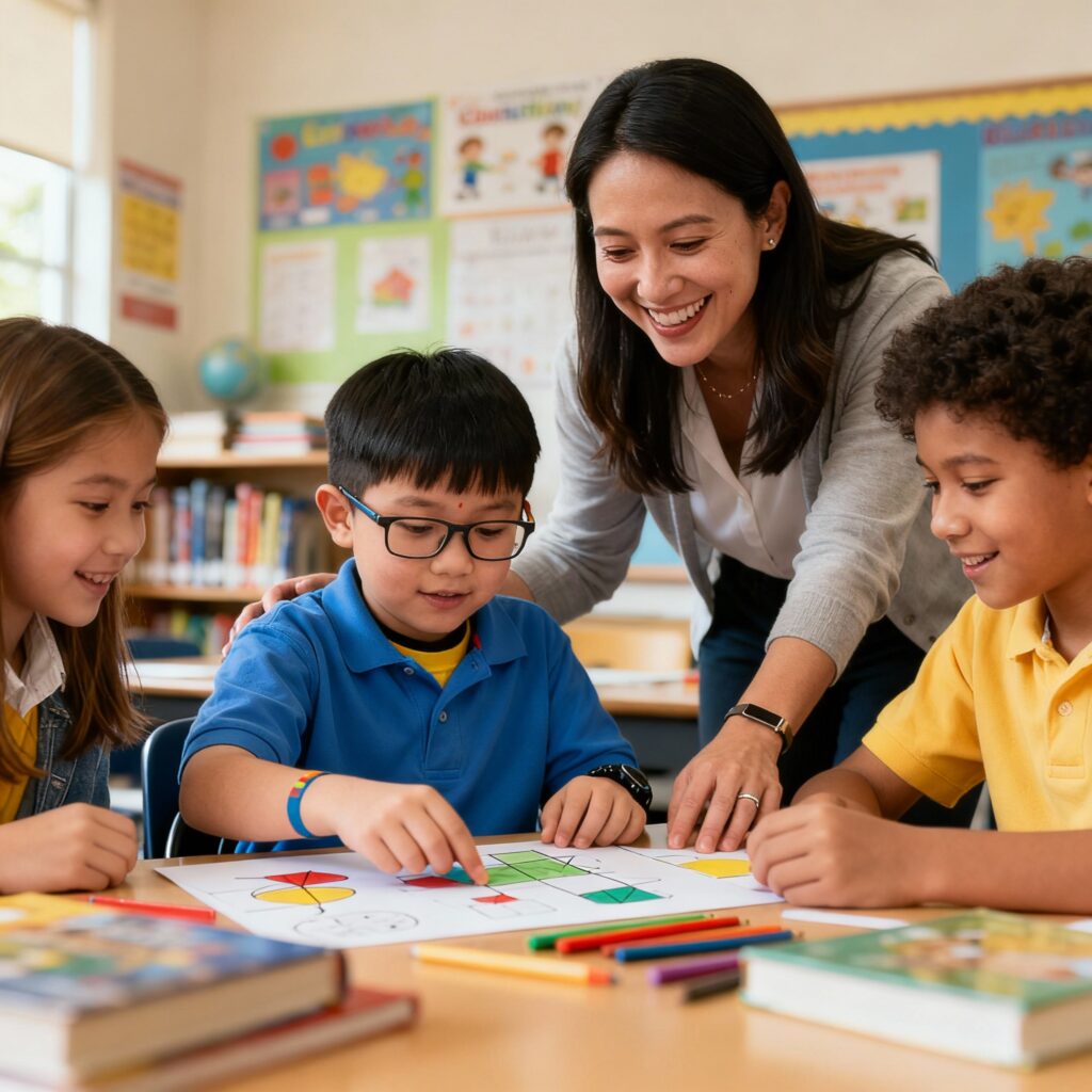 Criança autista interagindo com colegas em sala de aula inclusiva.