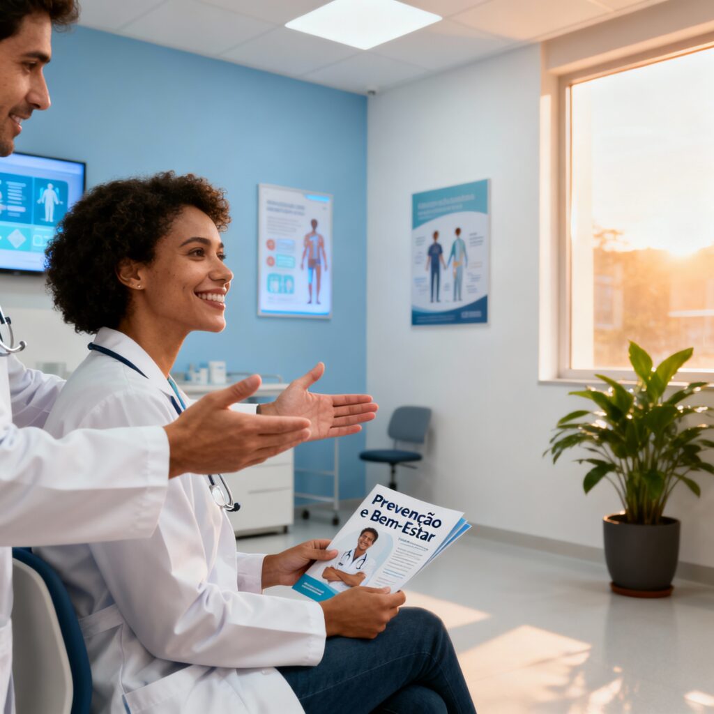 Profissional de saúde orientando paciente sorridente em consultório, representando promoção, prevenção e bem-estar integrado em 2025.