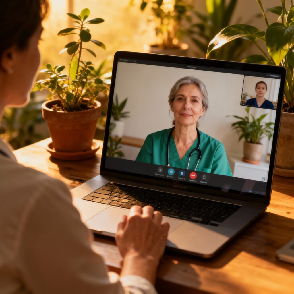 Psicóloga atendendo paciente por videoconferência, simbolizando integração entre terapias online e cuidado mental.
