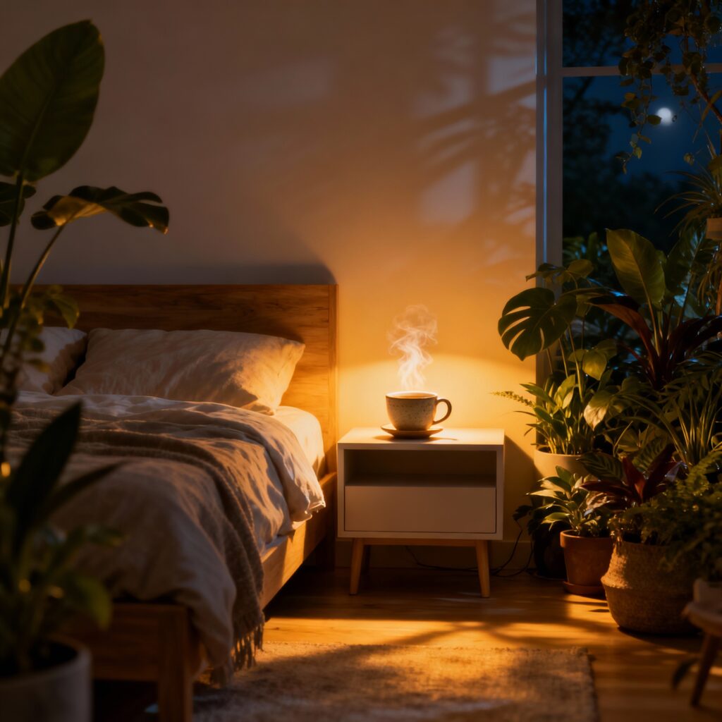 Quarto aconchegante com luz suave e chá na mesa, inspirando relaxamento e preparo para dormir bem.