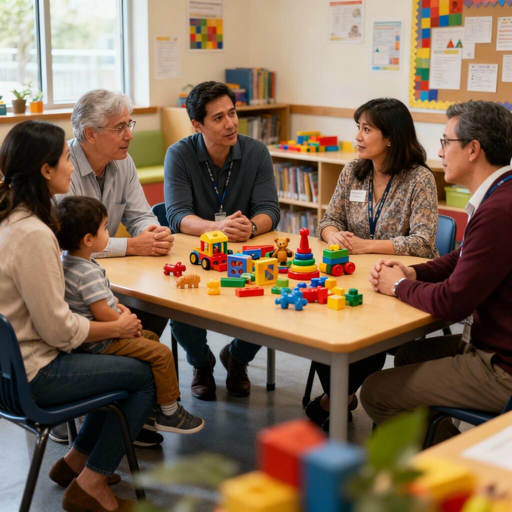 Profissionais e pais reunidos em centro de apoio ao autismo.