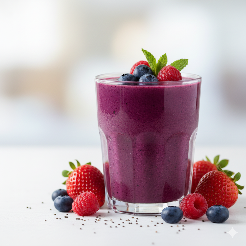 Smoothie proteico de frutas vermelhas gelado com leite vegetal.