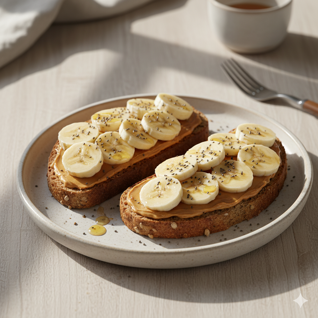 “Torradas de pão integral com pasta de amendoim