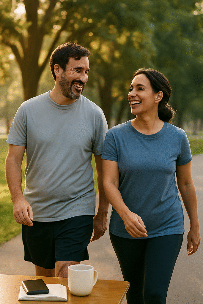 Casal caminhando pela manhã para manter a forma e a saúde, para começarem bem o dia.