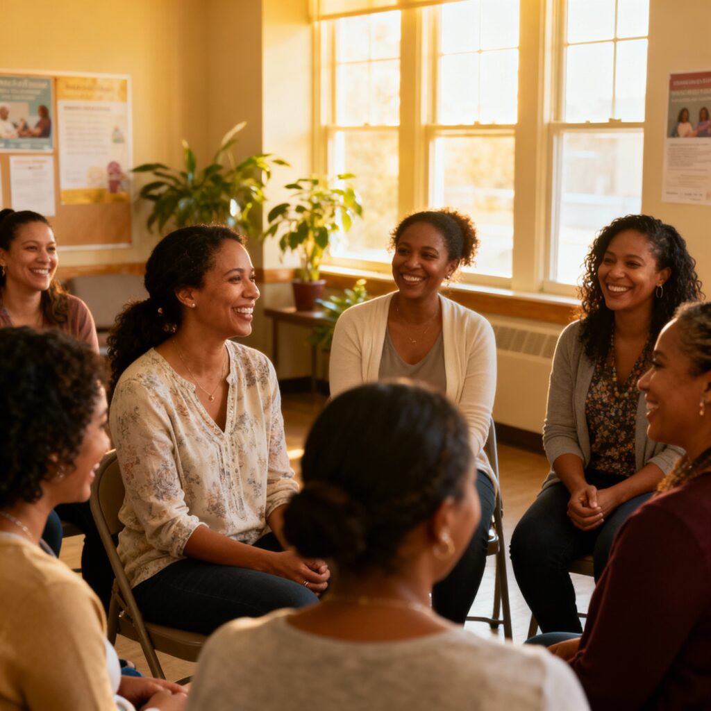 O Bem-Estar e a Saúde na Maternidade: Cuidados Antes e Depois da Chegada do Bebê Grupo de mães em encontro comunitário de apoio, simbolizando acolhimento e solidariedade materna.
