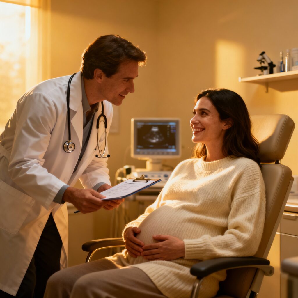 O Bem-Estar e a Saúde na Maternidade: Cuidados Antes e Depois da Chegada do Bebê Gestante em consulta médica pré-natal, simbolizando cuidados e saúde durante a gravidez.