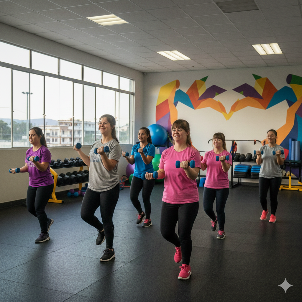 Pessoas com Síndrome de Down praticando exercícios físicos com orientação profissional.