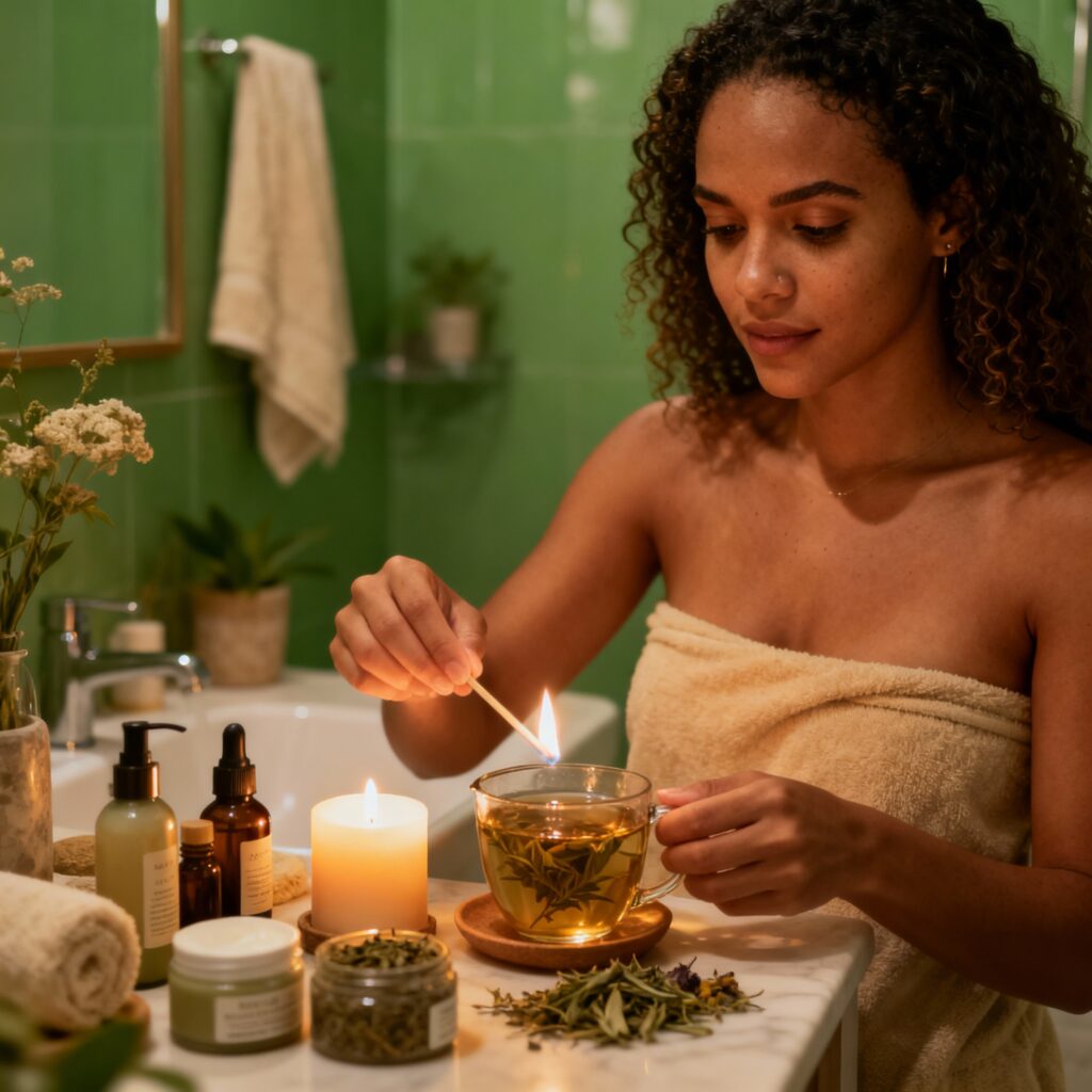 (Representa o Brasil — rituais de pausa, autocuidado emocional e equilíbrio diário.)