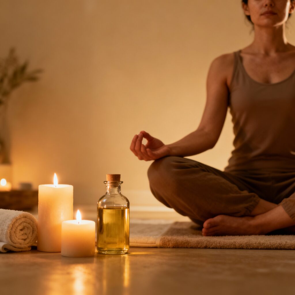 Ritual de autocuidado com meditação e aromaterapia.