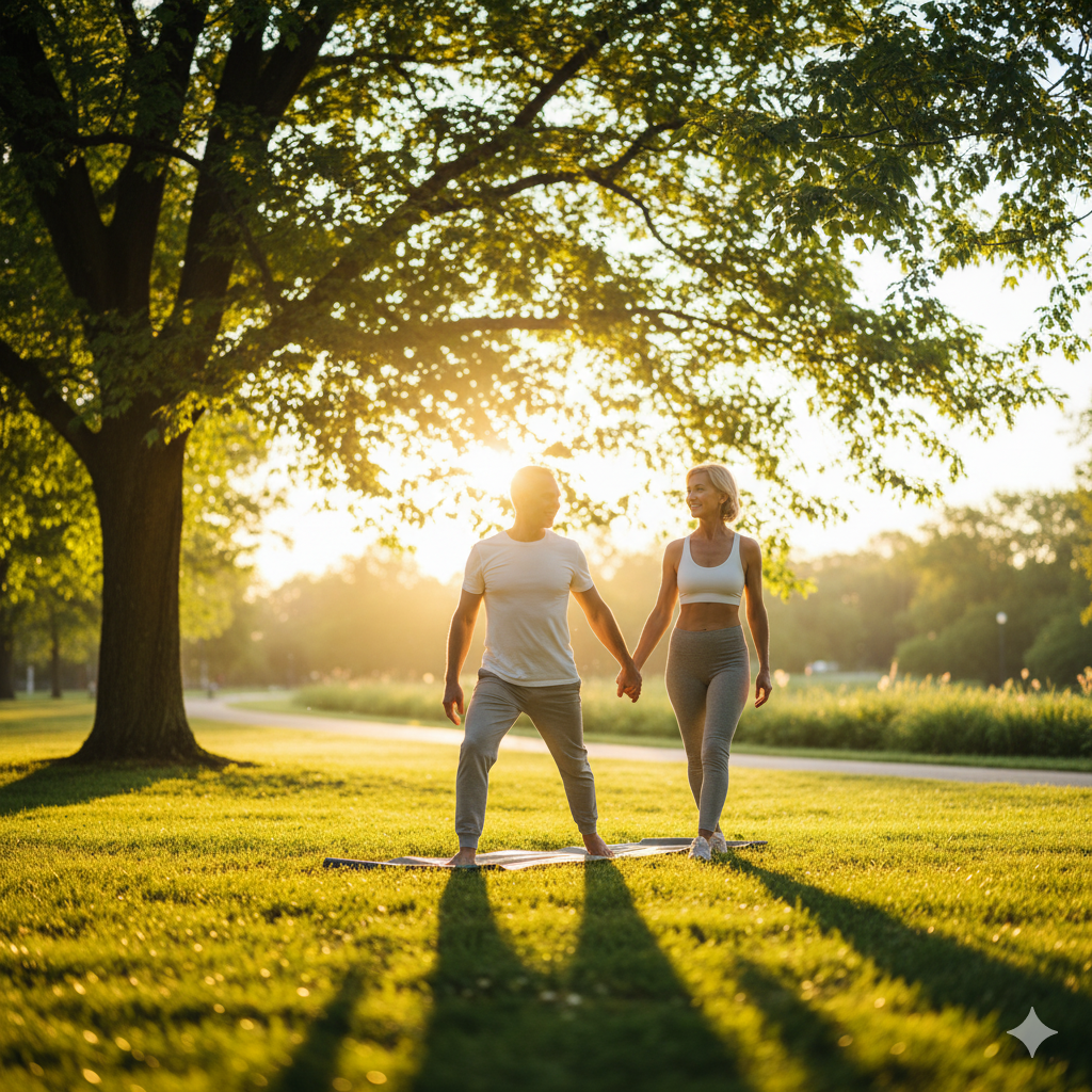 Casal maduro praticando atividade física em parque ao amanhecer, transmitindo vitalidade e equilíbrio.