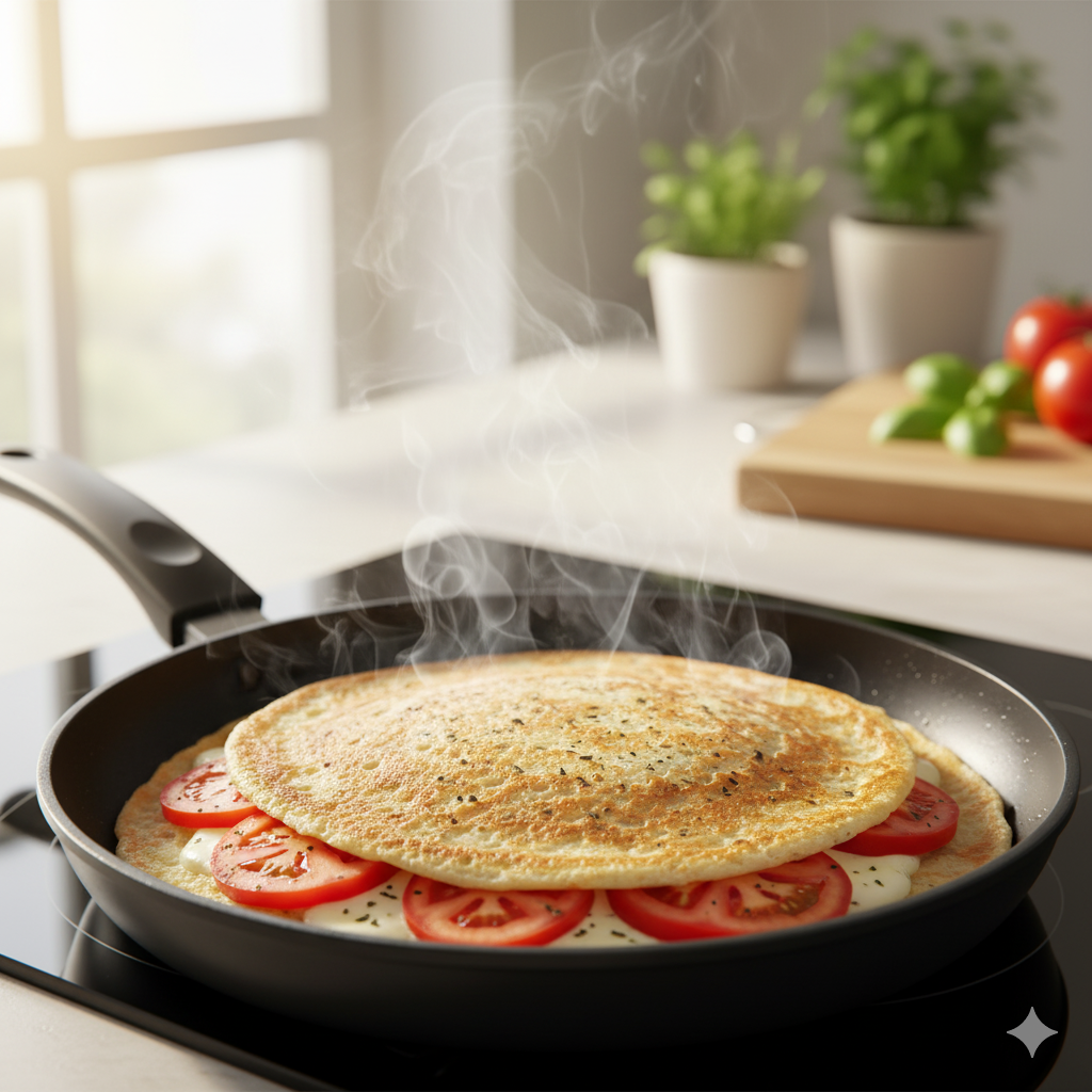 “Crepioca dourada recheada com queijo, tomate e orégano em frigideira, mostrando uma refeição fitness simples e saborosa.”