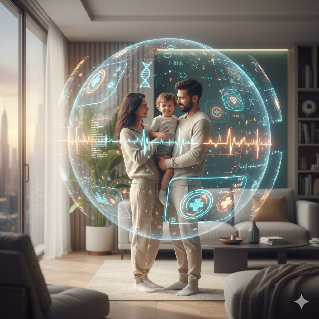 Família em ambiente futurista analisando dados de saúde holográficos, representando o cuidado tecnológico e humano em 2025.