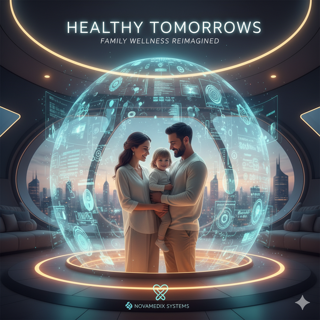 Família observando dados de saúde digitais, representando o futuro da medicina personalizada e do bem-estar em 2025.