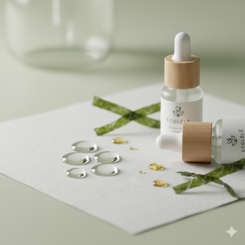 📰 Beleza consciente: a nova geração de ingredientes biotecnológicos e sustentáveis Gotas de sérum e ingredientes naturais como algas e óleos em frascos ecológicos, representando pureza e ética nos cosméticos.