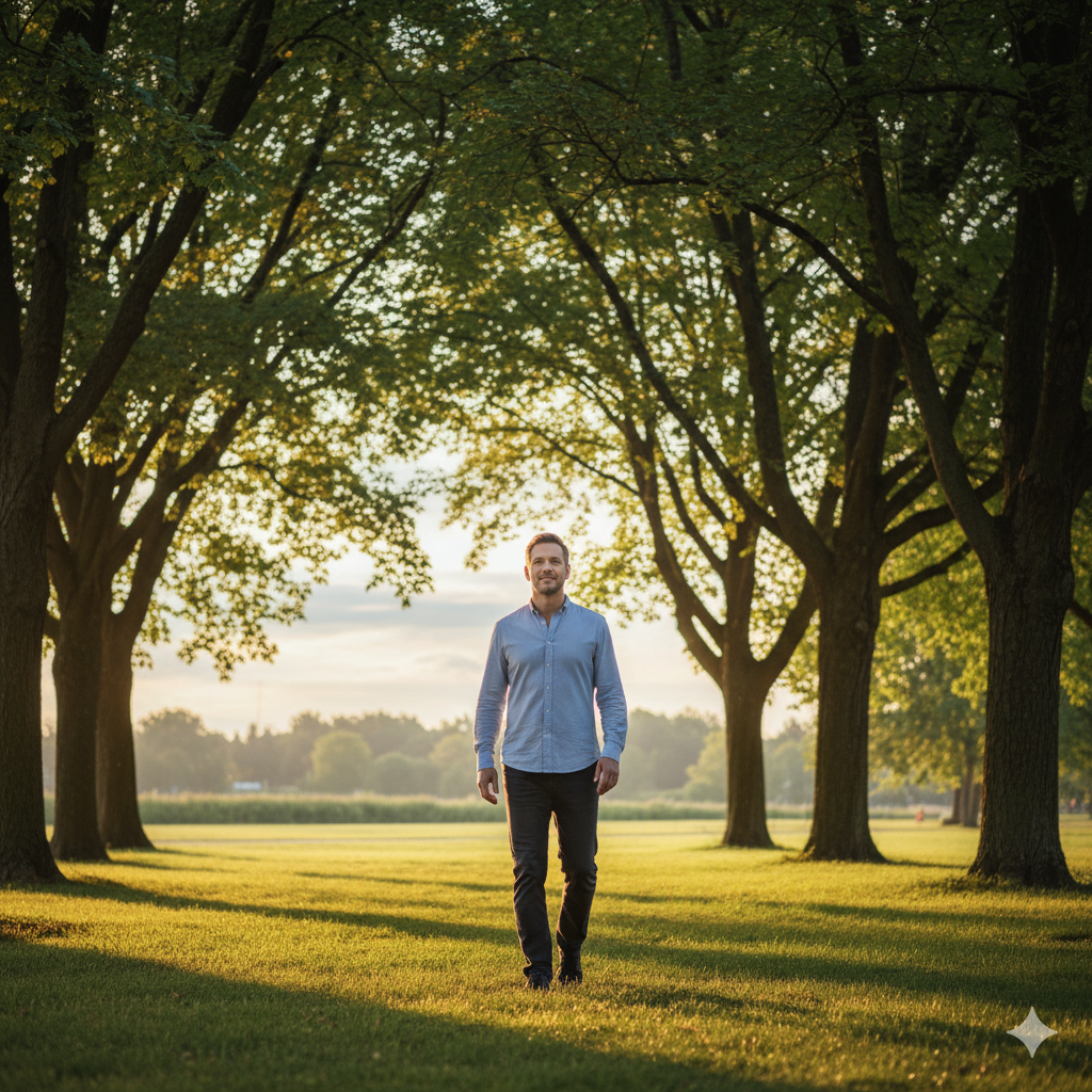 Homem caminhando em parque ao amanhecer, com roupas azuis e expressão saudável, representando bem-estar e prevenção.
