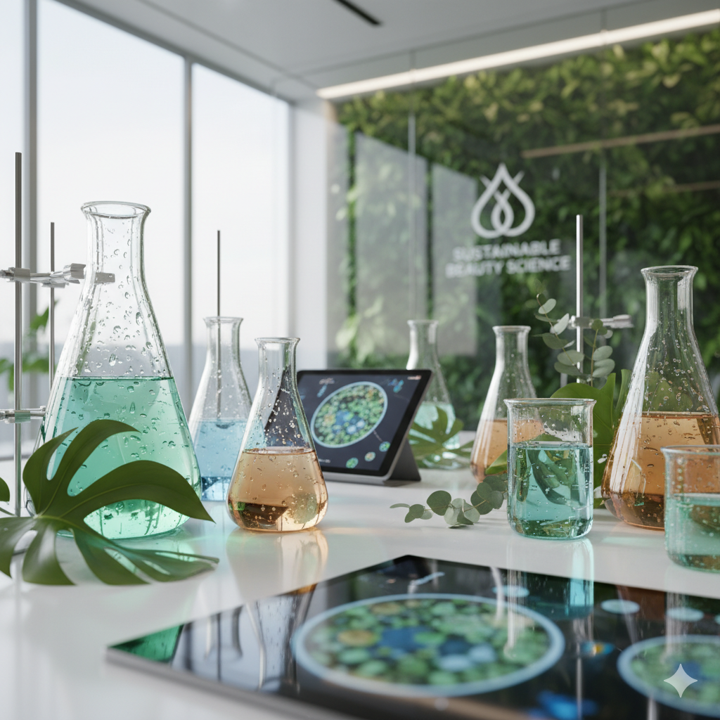 Laboratório moderno de cosméticos com ingredientes biotecnológicos e sustentáveis, representando a ciência da beleza consciente.