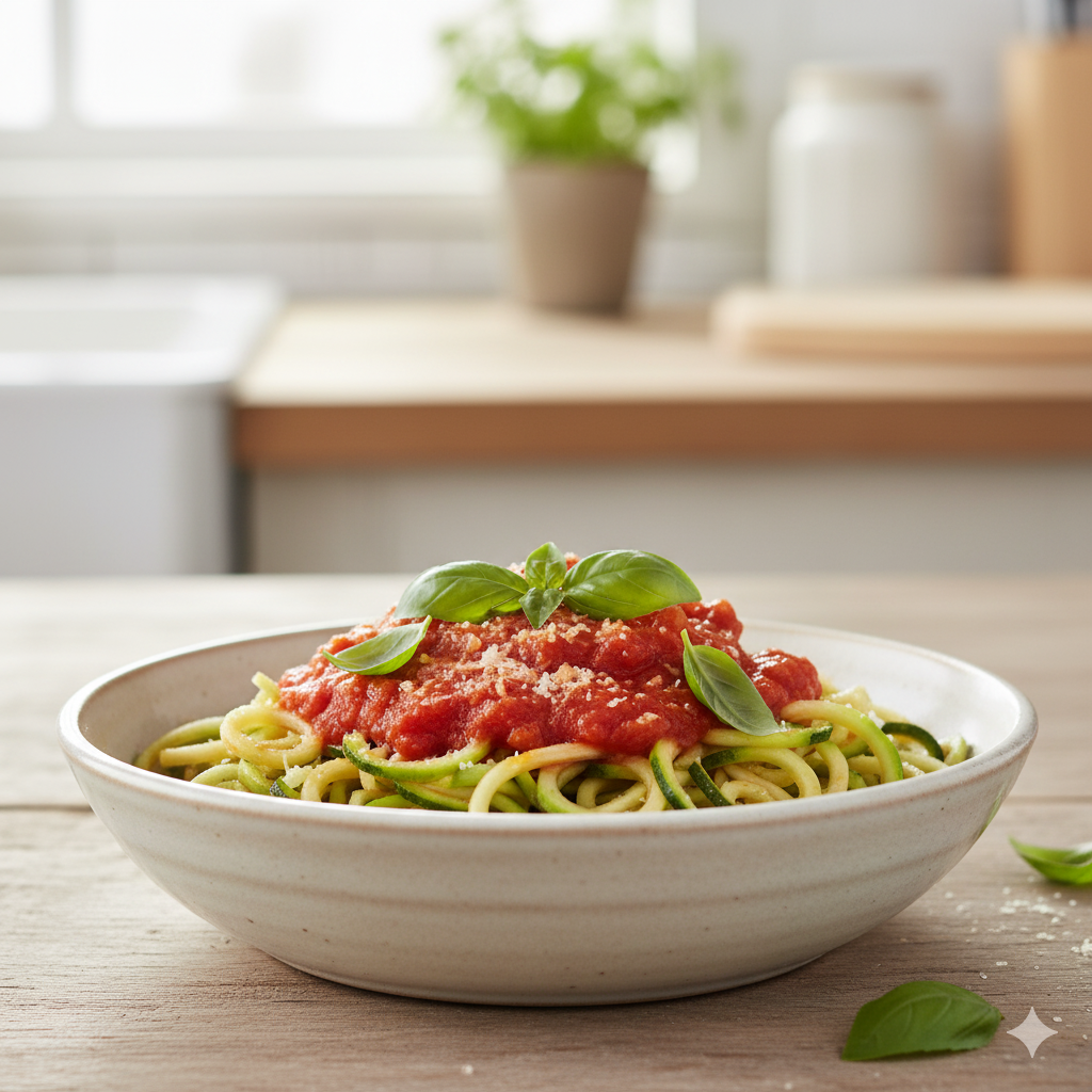 “Macarrão de abobrinha com molho de tomate natural e folhas de manjericão fresco, representando uma refeição leve e saudável.”