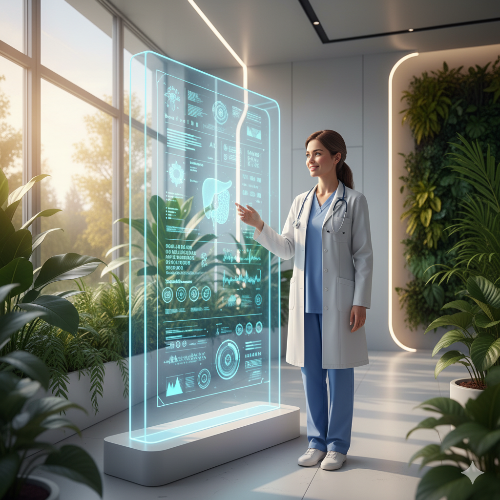 médica observando holograma de ia