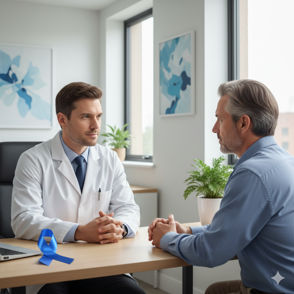 Médico homem conversando com paciente em consultório iluminado, com fita azul sobre a mesa, simbolizando prevenção e confiança.