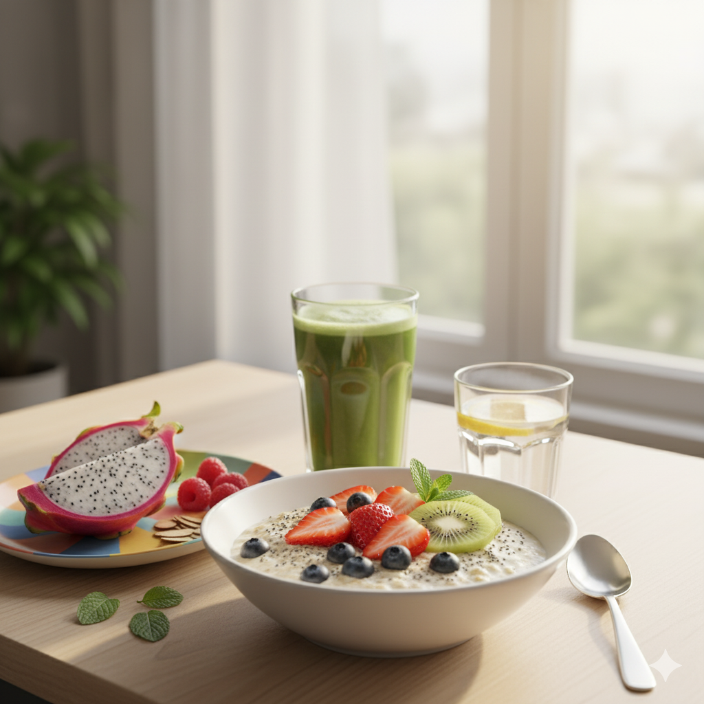 Mesa com frutas e suco natural, simbolizando alimentação equilibrada e estilo de vida saudável.