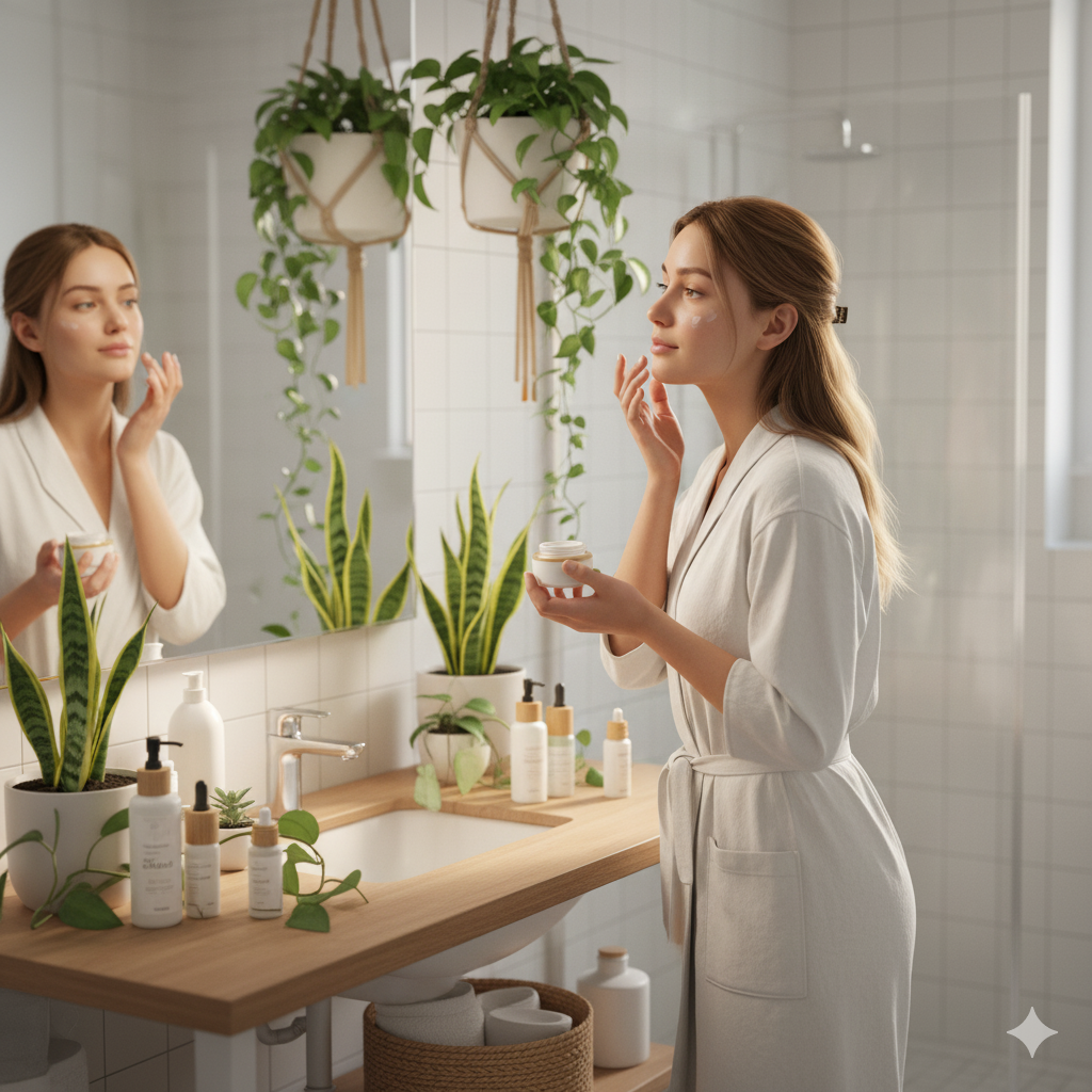 Mulher aplicando cosmético vegano com frascos ecológicos ao redor, simbolizando beleza consciente e sustentável.