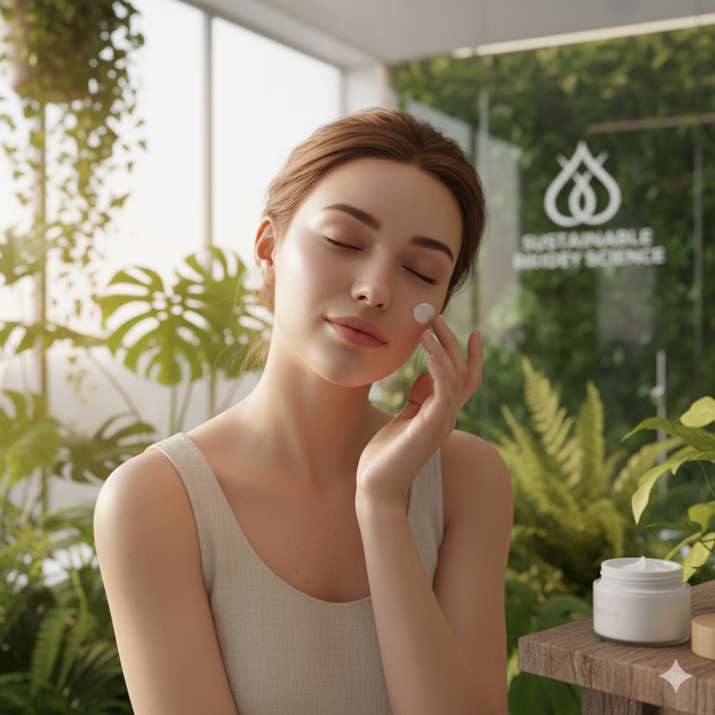 📰 Beleza consciente: a nova geração de ingredientes biotecnológicos e sustentáveis Mulher aplicando creme facial sustentável em ambiente natural, simbolizando o cuidado consciente e a beleza ecológica.