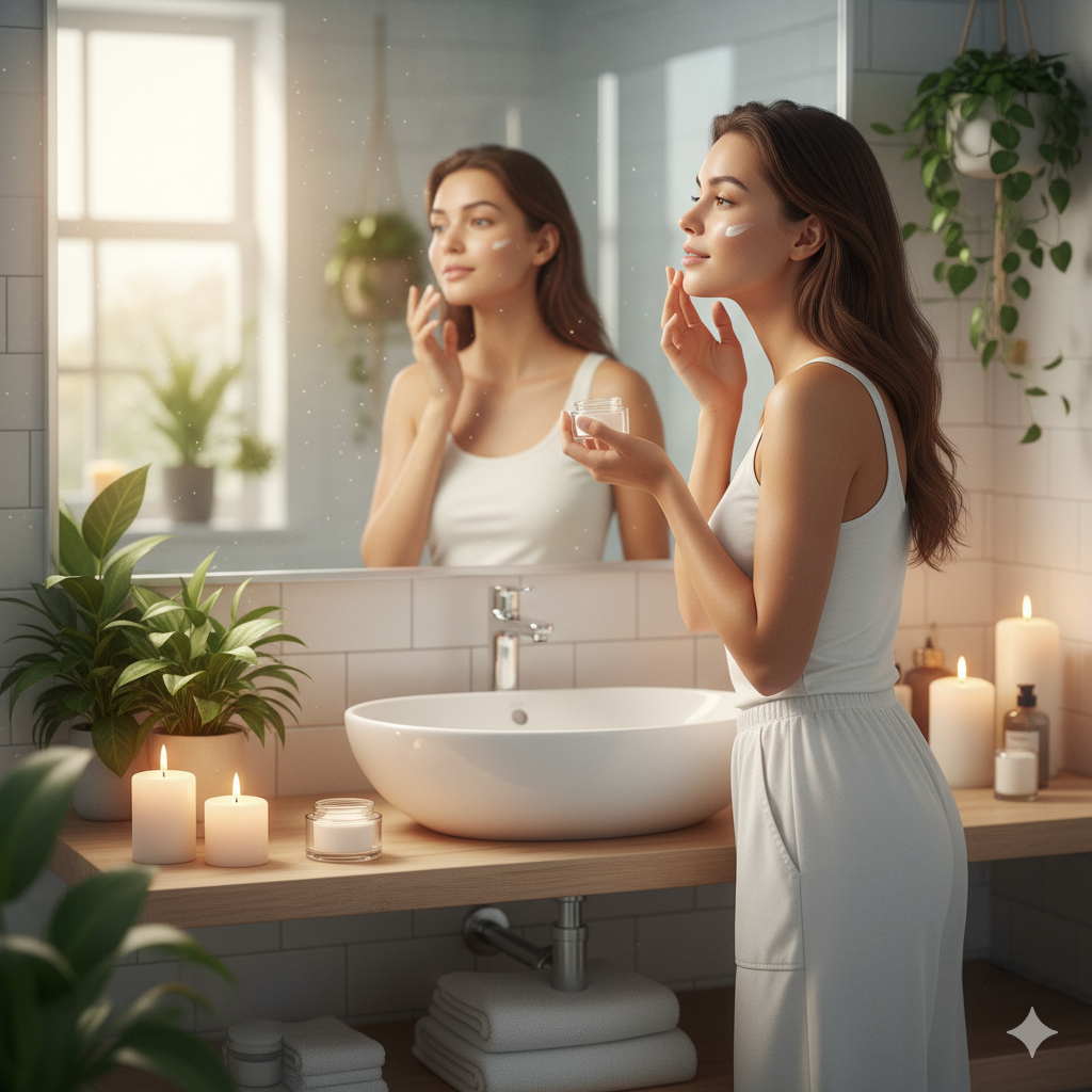 Mulher aplicando hidratante facial em ambiente iluminado e relaxante, representando autocuidado diário.