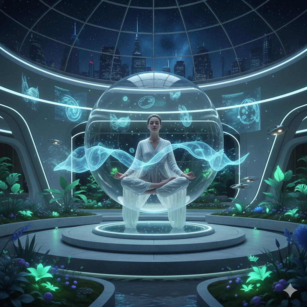 Mulher meditando em ambiente futurista, unindo natureza e tecnologia terapêutica.