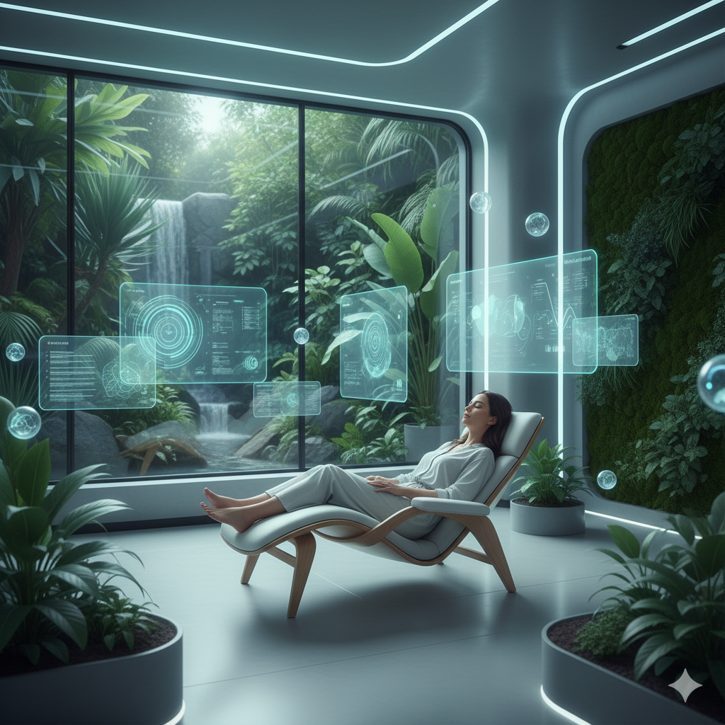 Mulher relaxando em clínica moderna com elementos tecnológicos e ambiente terapêutico.