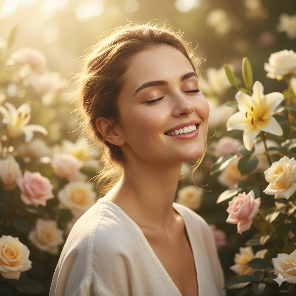 Mulher sorrindo ao ar livre, com pele saudável e luz suave, simbolizando harmonia entre saúde e beleza.