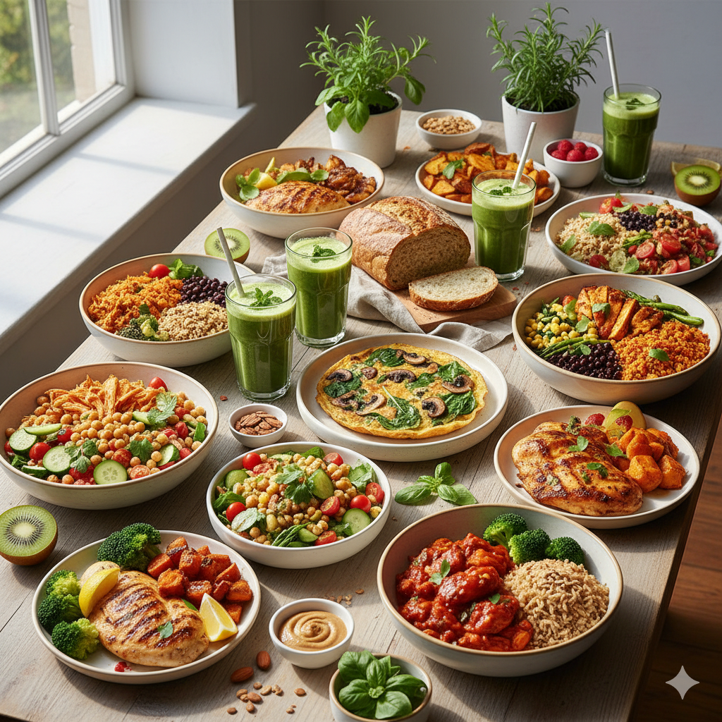 “Pratos fitness coloridos e saudáveis sobre uma mesa iluminada, representando uma alimentação equilibrada e prática.”