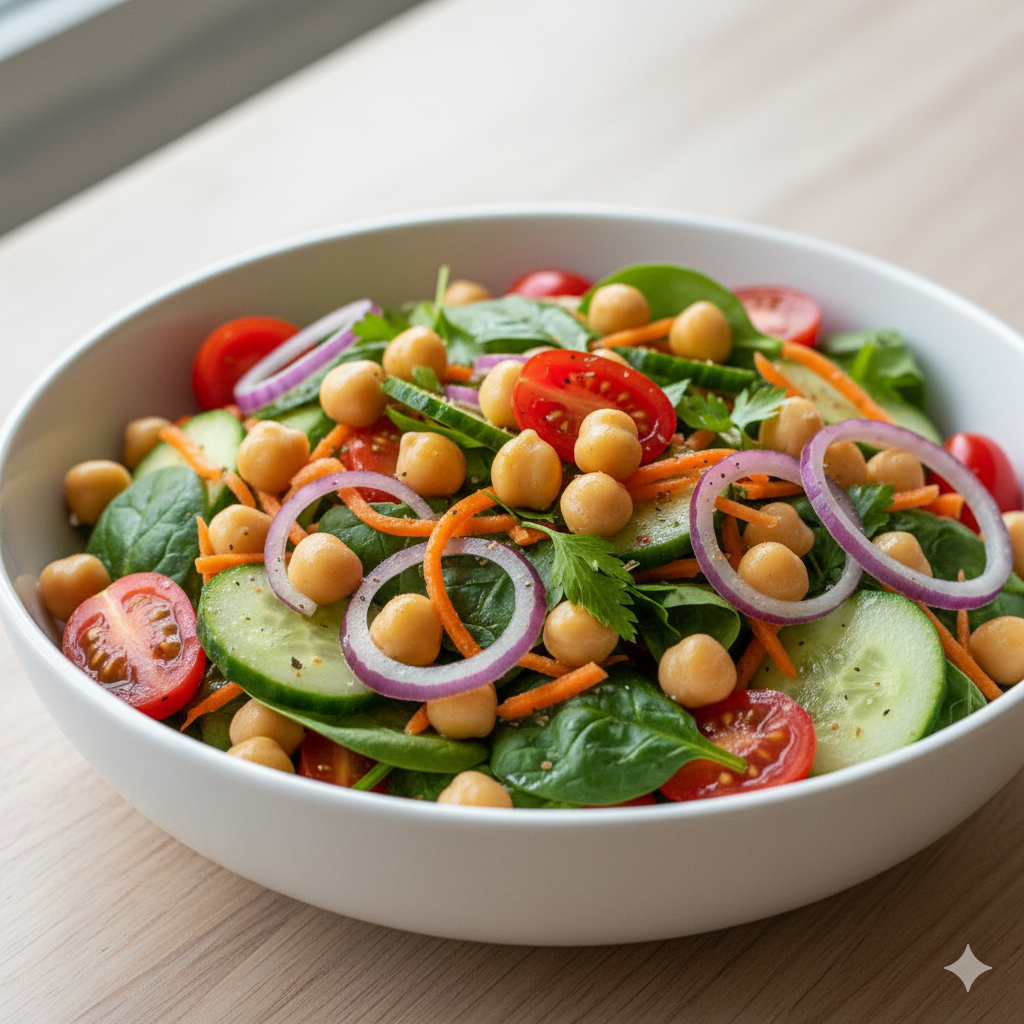 “Salada de grão-de-bico colorida com legumes frescos em tigela branca, representando uma refeição leve e nutritiva.”