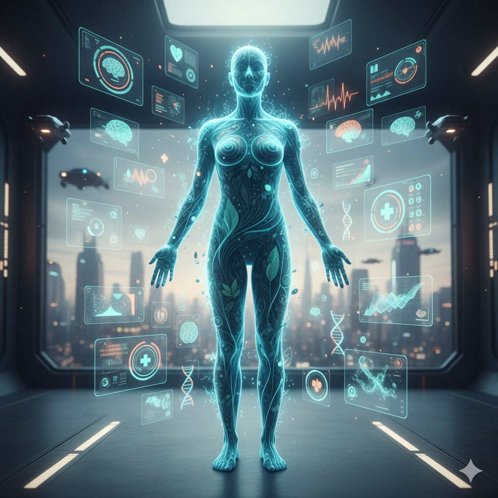 Silhueta humana formada por circuitos luminosos e elementos naturais, simbolizando a união entre mente, corpo e tecnologia na saúde do futuro.