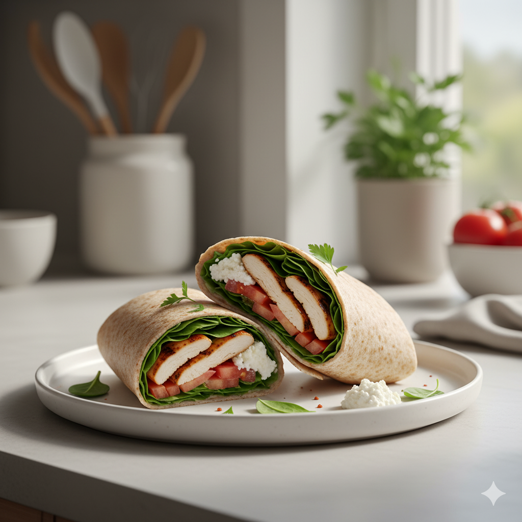 “Wrap integral recheado com frango grelhado, folhas verdes e creme de ricota, representando uma refeição leve e saudável.”